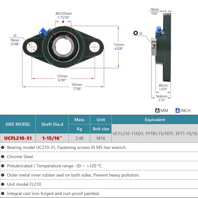 Xike 2 Pcs UCFL210-31 Bore 1-15/16" Pillow Block Flange Mounted Ball Bearings, Solid Cast Iron Base and Self Aligning Chrome Steel Sealed Bearings. - Image 2